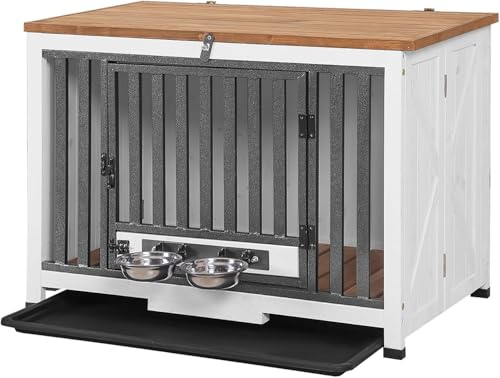 Aivituvin Hundekäfig Möbel, hundebox Möbel für kleine mittlere Hunde, Holzhundehaus mit klappbarem Holzdeklappdach, Tragbare stabile Hundekennel Nachttisch Kombination (weiß, L)