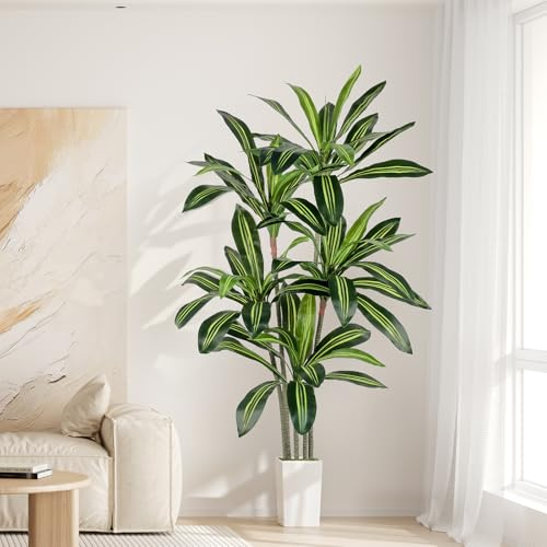 YOLEO Kunstpflane Drachenbaum 160cm mit weißem Topf, Künstliche Pflanzen | für Wohnzimmer, Büro, Garten, Indoor Dekor, Housewarming Geschenk