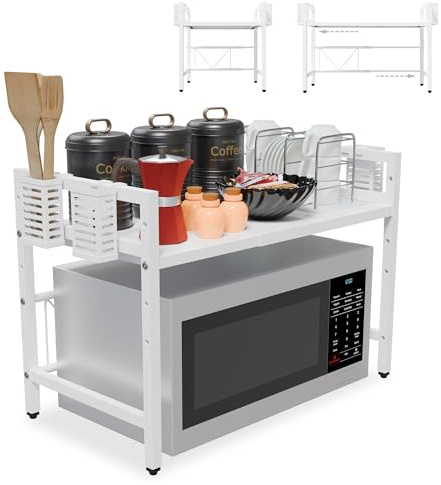 WOWEMARK! ecommerce Soporte para Microondas Blanco de Encimera, Estante Ajustable 41–65 cm, Estantería Microondas Cocina, Mueble para Horno y Microondas, Organizador Metálico Resistente