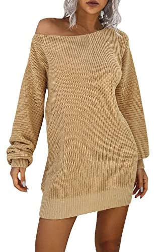 Generisch Vestido de mujer con hombros descubiertos, punto grueso, suéter largo, vestido de invierno para mujer, caqui, S