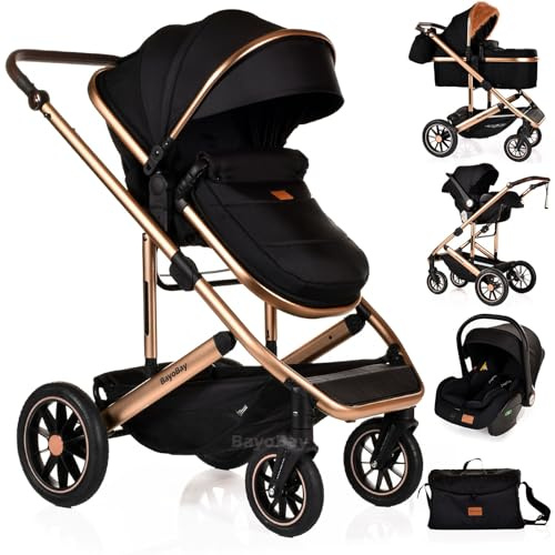 Baby 3 in 1 Travel System Pram with Car Seat Stroller 3 in 1 Buggy Pushchair Child Lightweight Folding Stroller Pram for Newborns Toddlers from Birth (Black Gold Frame)
