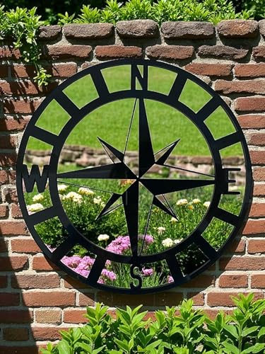 Mirror Compass Rose Wall Art, Black Round Garden Decor 58cm | Compass Rose wall art, black acrylic, round garden decor, nautical theme, 58cm diameter