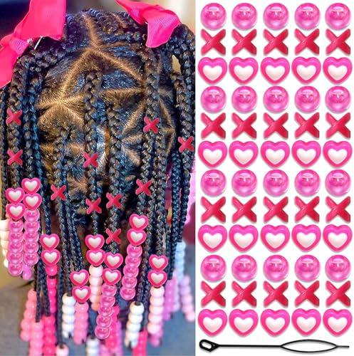 Auroriel 60 Stück Haarperlen Kinder Mädchen Bunte Zopfperlen Pink X-Rund-Herz-Mischform mit Einfädelhilfe