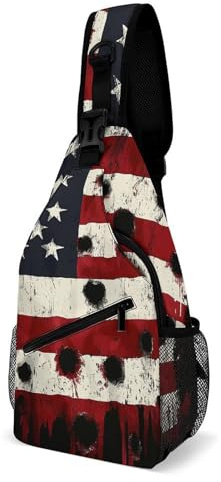 Stilvoll Brusttasche Amerikanische Usa-Flagge, Krieg, Einschussloch Umhängetasche Stylisch,Verstellbarer Sporttasche für Outdoorsport Reisen Herren