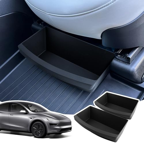 LANGBEAN 2 Piece Under Seat Storage Box for Tesla Model Y Juniper, TPE Hidden Front Seat Organiser Tray for Model Y 2025 Accessories