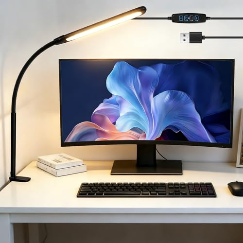 GAOUTO Lampada da scrivania a LED dimmerabile, 70 cm, con morsetto a 3 colori, 10 luminosità, protezione degli occhi USB, luce diurna, lampada da scrivania per ufficio di casa