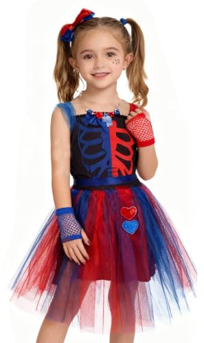BITOYO Clown Kostüme Mädchen, Quinn Cosplay Kostüm mit Kleid Handschuh Perücken Tattoos Haarspange Baseballschläger Accessoires, Cosplay Kostüme für Verkleidung Karneval Halloween Geburtstag Party