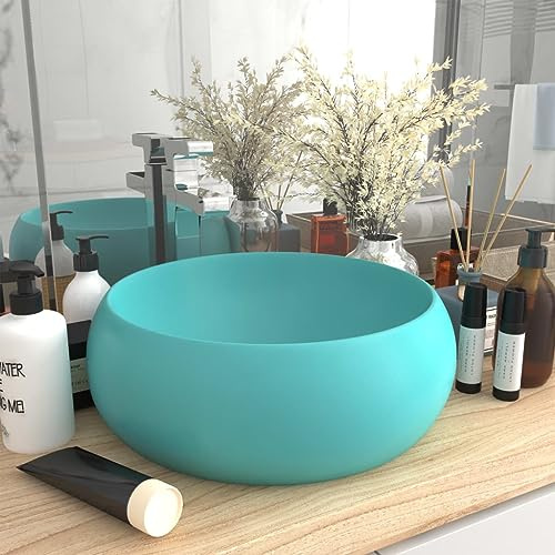 Vasque à Poser Salle de Bain,Lavabo rond de luxe Vert clair mat 40x15 cm Céramique pour Cuisine, Wc d'invités