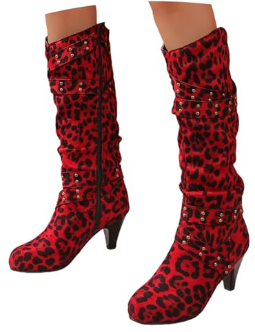 Vintage Höga Stövlar Med Leopardmönster Dammode Långa Stövlar Med Nitar Varma Mockaridstövlar Med Dragkedja Vinterstövlar Med Rund Tå Och Klack(Red,36 EU)