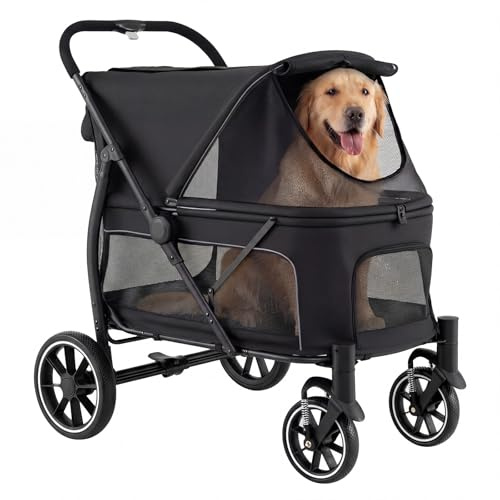 COSTWAY Hundewagen klappbar, Hundebuggy bis 40 kg, Katzenwagen mit 4 Rädern, Haustierwagen mit verstellbarem Dach, Netzfenstern & 3 Taschen, Haustierbuggy für große Katzen Hunde (Schwarz)