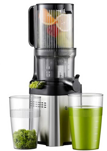 AMZCHEF Cold Press Slow Juicer with 110mm Wide Feed Chute, Dual-Layer Filter, Easy to Clean, Slow Masticating Juicer for Fruits & Vegetables, Silver