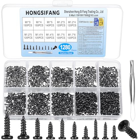 1280 Stk Blechschrauben Selbstschneidende Schrauben Set | M1 M1.2 M1.4 M1.7 Schwarz Minischrauben für Laptop Brille Elektronik Reparatur mit Aufbewahrungsbox und Pinzette