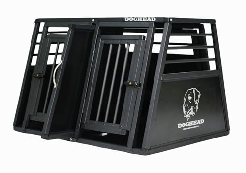 DOGHEAD Hundetransportbox Proline, Double 95x75x63 cm, Schwarz, Aluminium, Beidseitig Abgeschrägt 75°, mit Notausstieg, Keine Kombibox