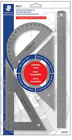 STAEDTLER Stainless Steel Math Set - With 12in Ruler, 2 Triangle Set Squares (45/90° & 30/60°), 6in Protractor - Precision Drawing & Drafting