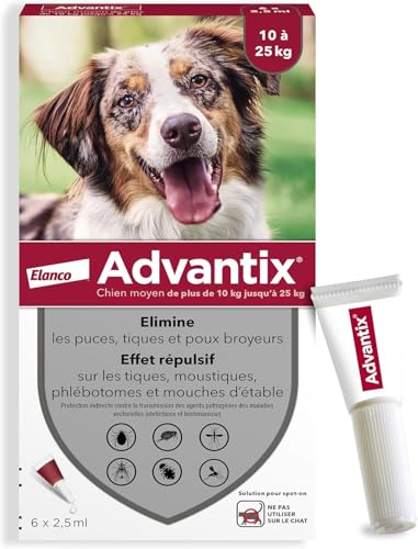 Advantix Chien Moyen entre 10 et 25 kg – Pipettes pour chien contre 6 parasites – Traitement en pipette pour une protection en continu pendant 4 semaines – 6 x 2,5 ml