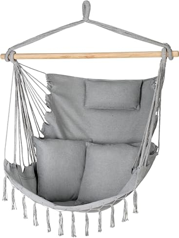 Hängesessel mit Kissen 100x130x75cm – bis 150 kg - Outdoor Sessel mit Kissen - Sitzsack zum Hängen Schaukel Für Garten und Zimmer – Boho – Fransen Brasilianischer Stuhl - Grau