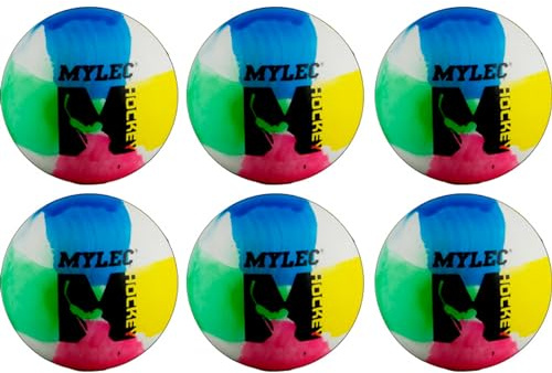 Mylec Street Hockey Balls, No-Bounce Street Hockey Balls, Plastic, Durable Construction, Roller Ball for Indoor/Outdoor Play (Multi Color, Pack of 6)