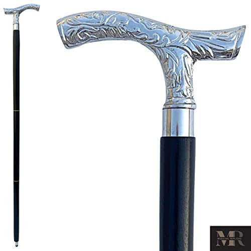 Medieval Replicas Bastón de madera vintage ébano negro Sheesham decorado con mango plateado para hombres y mujeres, bastones de caminar de plata Fritz, 37 pulgadas