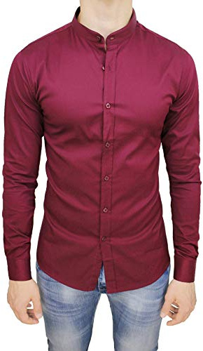 AK collezioni Camisa de hombre de algodón Slim Fit Casual Elegante con cuello coreano, burdeos, L