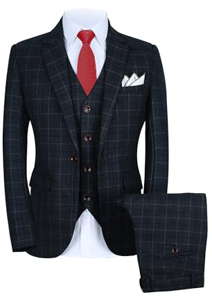 Mens One Button Slim Fit Tre Stycken Checked Suit Blazer+Väst + Byxor, Grå, 52, Grå, 48