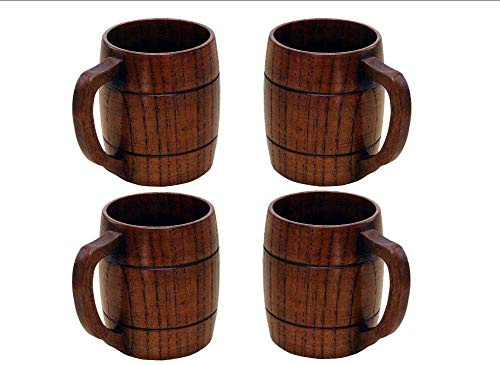 Yundxi Chope à Bière en Bois, Tasse bière en Bois rétro Vin Tasse à Boisson Lait Café en Bois Tasse en Bois avec poignée (4pcs)