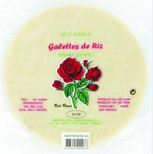 Feuilles de riz/Galettes de riz rondes vietnamiennes Banh Trang - Nems et rouleaux de printemps - Diamètre 22CM - Marque Red Roses - 454G (2 Sachets)