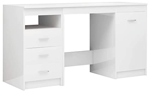 vidaXL Schreibtisch mit 3 Schubladen 1 Tür Computertisch Bürotisch Laptoptisch Büromöbel PC Tisch Arbeitstisch Hochglanz-Weiß 140x50x76cm Holzwerkstoff