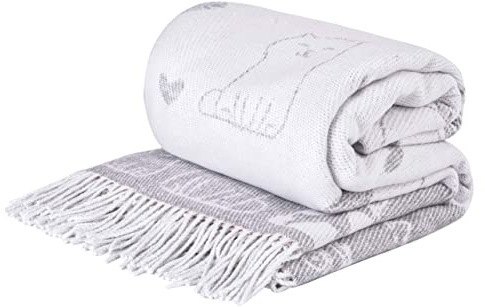 LYHome Baumwolldecke - Tagesdecke Kuscheldecke & Überwurfdecke, Bettdecke Sofadecke Couchdecke & Wohnzimmerdecke, Decken Couch, Baumwolle Plaid Decke Sofa Große (140x200 cm | Hellgrau mit Weiß Katzen)