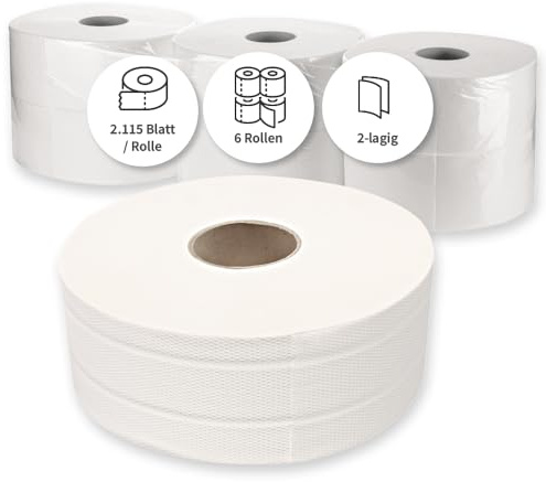 6 Rollen, Toilettenpapier, FRANZ MENSCH, je 2115 Abrisse, hochweiß, 2-lagig | Jumbo, Zellulose, 380m pro Rolle, reißfest, geprägt, Klopapier, WC-Papier, stark frequentierte Sanitärräume