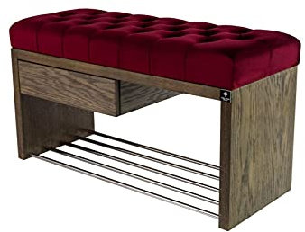 EMRA WOOD M-DEKO LPS-1 Sitzbank Schuhbank Chesterfield Gesteppt mit Schublade Bezug aus Weinrotem Velours Gestell aus Holz Nach Maß (Höhe 55cm Tiefe 35cm, 55)