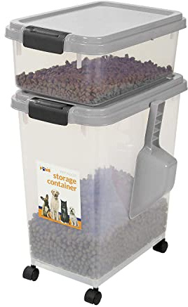 2PC animal Dry Food Container With Casters - Plastic Airtight Food Storage Container | Wheeled Bin For Easy Mobility | With Airtight Seals & Snap Lock | Ideal For Storing Dog Cat Other Pet Food (grey)