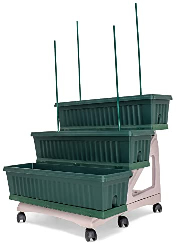 Orto Easy - Kit di 3 fioriere da 80 cm con sottovaso e carrello a 3 livelli per composizioni o orto verticale. Pratico da spostare. Colore verde o terracotta. Made in Italy. (Grigio Antracite)