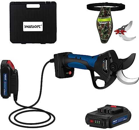 SWANSOFT 8605 Tijeras de Podar Electricas Profesionales, 40mm Progresivo Tijeras de Podar Bateria, 1050W 2x21V 2A Podadora Electrica para Viñedos, árboles Frutale