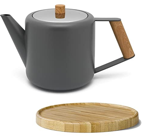Bredemeijer Teekanne Set 1.1 Liter - Edelstahl doppelwandig Grau - Großer moderner Teebereiter ohne Filter - inkl. Holz-Untersetzer braun