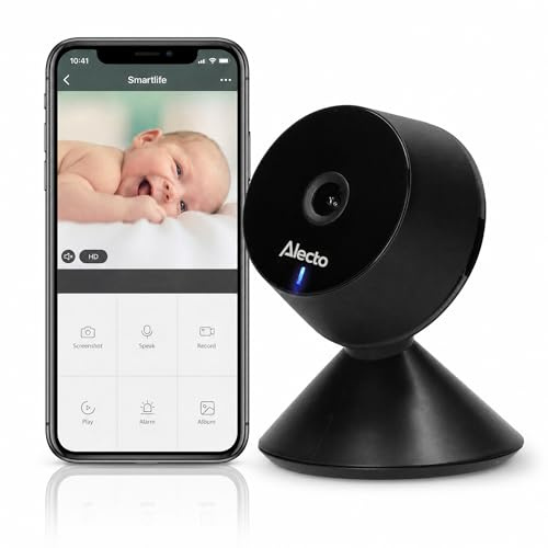 Alecto Video Babyphone mit Kamera und WiFi/WLAN - SMARTBABY5BK Video Baby Monitor mit Nachtsicht - Babyfon mit Gegensprechanlage und steuerbar mit App - Schwarz