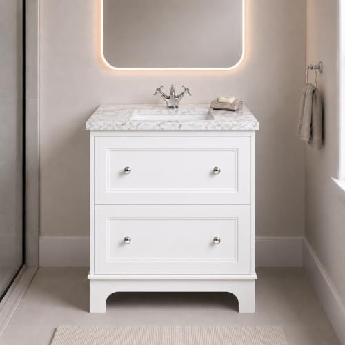 Go Bathrooms Eloise 800mm White Bathroom Vanity Unit With Marble Worktop & Sunken Ceramic Basin 2 Soft Close Drawers