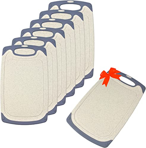 KPYTO Frühstücksbrettchen 6er Set + 1 Brettchen, 25 x 15 cm, Schneidebrett Set, beidseitig, rutschfest mit Saftrille, creme Brettchen mit grauem Rand, Brotzeitbrett,Frühstücksbrett