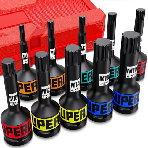 KIRXST 1/2 Inch Impact XZN Bit Socket Set，M5-M18 Triple Square Spline Bit Socket Set 10 Piece for Mechanical Repair