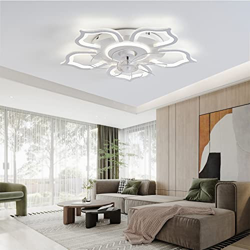 YUNZI 80CM Grande Floreale Ventilatore Da Soffitto Con Luce E Telecomando,Lampadari Ventola Design LED Dimmerabile 6 Velocità,Motore CC Reversibile,Modalità Invernale Ed Estiva Con Timer-White||65CM