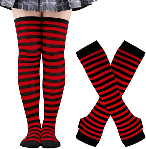 Thajaling dam randiga knästrumpor, overknee strumpor, dam thigh highs fingerlösa handskar knähöga strumpor set, randiga långa strumpor hål vantar, svart/röd, one size