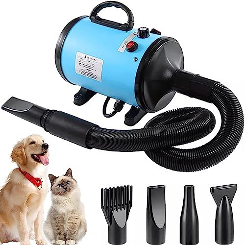 AHWOiHS Asciugacapelli per Cani Soffiatore per Cani 2800W Blower Molto Silenzioso con velocità e Temperatura Regolabile Asciugacapelli per Animali con 4 Diversi ugelli, Tubo Elastico (Blu)