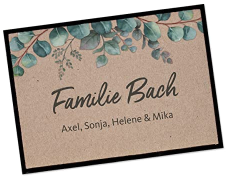 Herz & Heim® Personalisierte Fußmatte mit eigenem Wunschtext, Eukalyptus-Motiv, Innenbereich, rutschfest 60 cm x 40 cm (B/H)