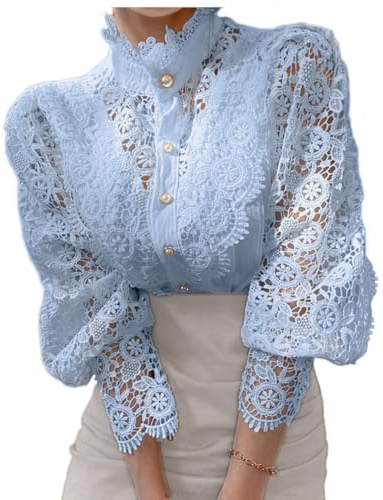 Minetom Donna Camicia Manica Lunga Blusa Elegante Maglietta Camicie in Pizzo Tinta Unita Oversize Scollo a V Shirt Top D Blu XS