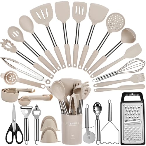 Fyvva Large Cooking Utensils Set, 35 Pcs Spatula Set with Holder, Silicone Kitchen Utensils Set with Stainless Steel Handle, Cheese Grater, Ice Cream Scoop, Pizza Cutter Kitchen Gadgets (Khaki) (F35)