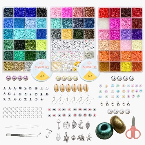 18 000 Stück 3mm Glasperlen mit 260 Buchstabenperlen+150 Zubehör,Perlen zum Auffädeln,Perlenset, Ohrringe,DIY Schmuck,Geschenkidee,Armbänder selber machen,Weihnachten,Basteln