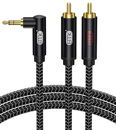 EMK Cinch Kabel Winkelstecker 3,5mm auf 2RCA Kabel 90 Grad 3,5 mm Jack Y Splitter Cable RCA (R&L) Nylon Geflochtene Rechteckiger AUX für Smartphone, Lautsprecher, Soundbar, TV, Auto Stereo (2 meter)