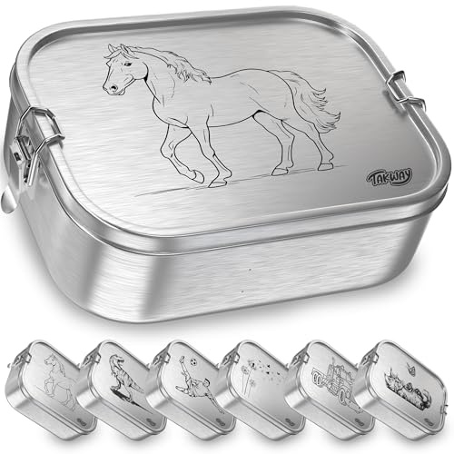 TAKWAY Edelstahl Brotdose mit Fächern 800ml – Auslaufsichere Lunchbox für Kinder & Erwachsene, Bento Box mit flexibler Unterteilung, für Kindergarten, Schule & unterwegs (Pferd, 3-Fächer)