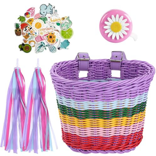 CJBIN Kids Bike Basket, Bike Basket Front Kids, Handwoven Bicycle Basket, Cycling Baskets with Spare Leather Straps, Cute Sticker, Bike Tassels and Bike Bell, Bike Accessories for Kids Girls, Coloured