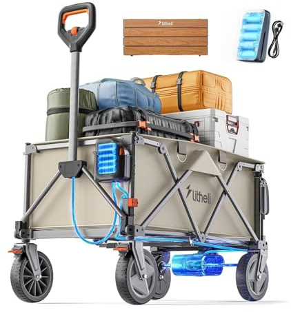 Litheli Elektrowagen Bollerwagen faltbar, Handwagen faltbar mit Motor & Bremsen, 200L 60KG geeignet für Camping, Garten, Strand, Einkaufen (Beige, W1 Pro mit 1 Tischplatt)