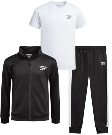 Reebok Boys Joggers Set - 3 Piece Boys Tracksuit Set with Tricot Zip Up Jacket Athletic Cotton T-Shirt and Jogger Sweatpants, Size 10, Black/White